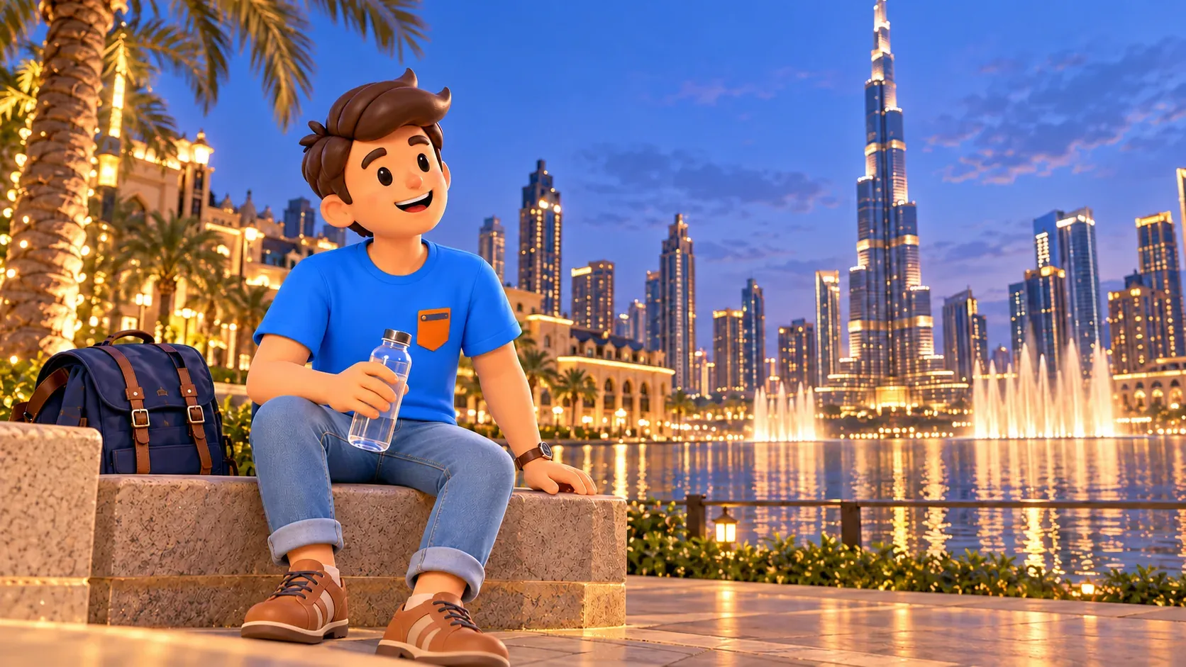 Reisender mit Wasser bei einer Pause am See vor dem beleuchteten Burj Khalifa