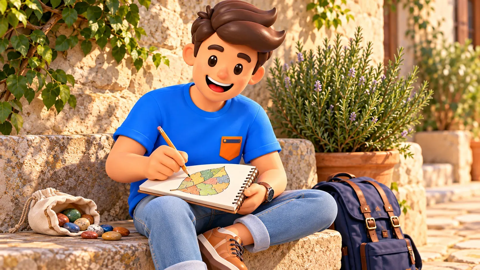 Mascot drawing a personal leaf with separate coloured sections
