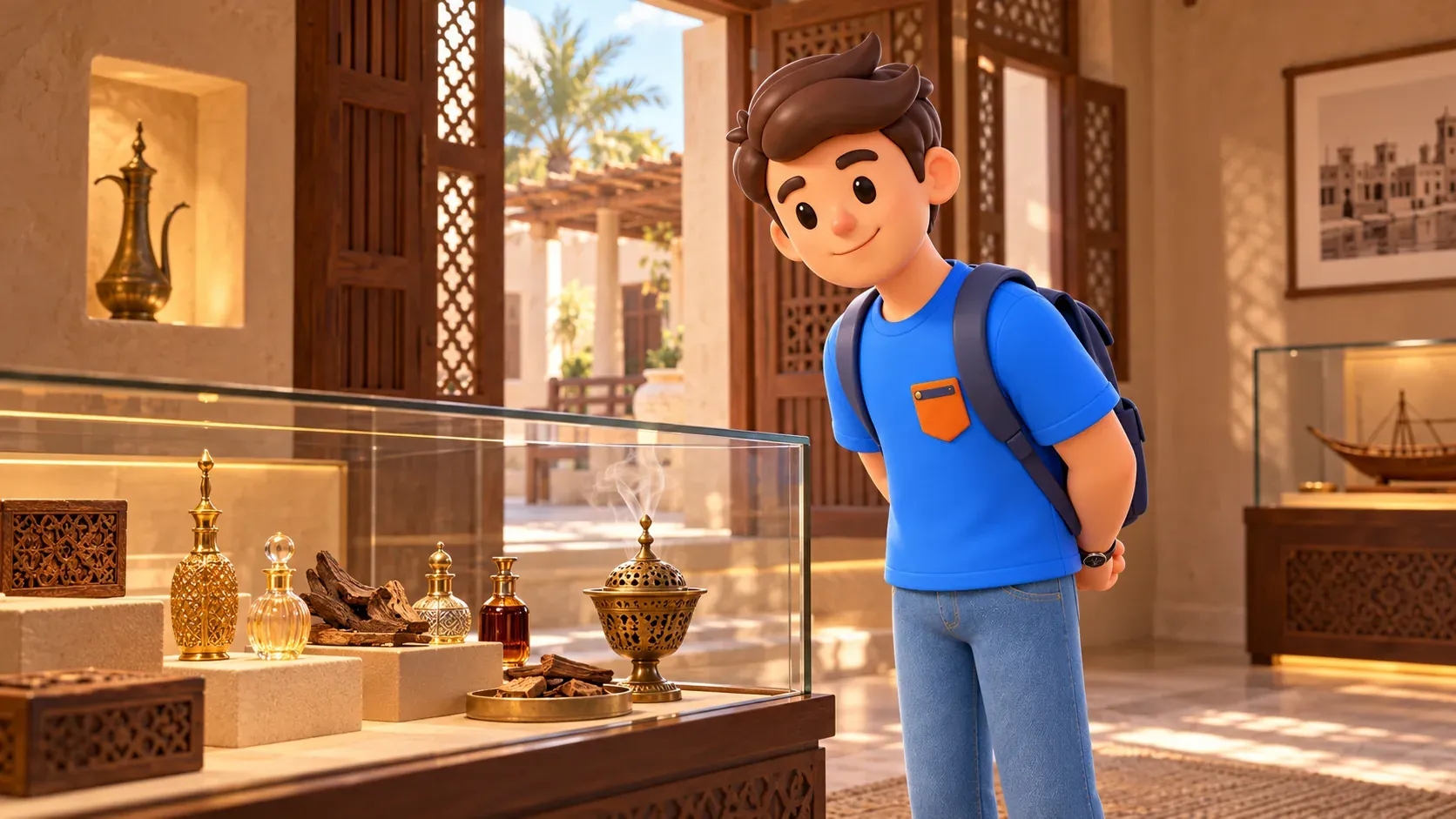 Viajero observando frascos y materiales aromáticos en una casa museo histórica