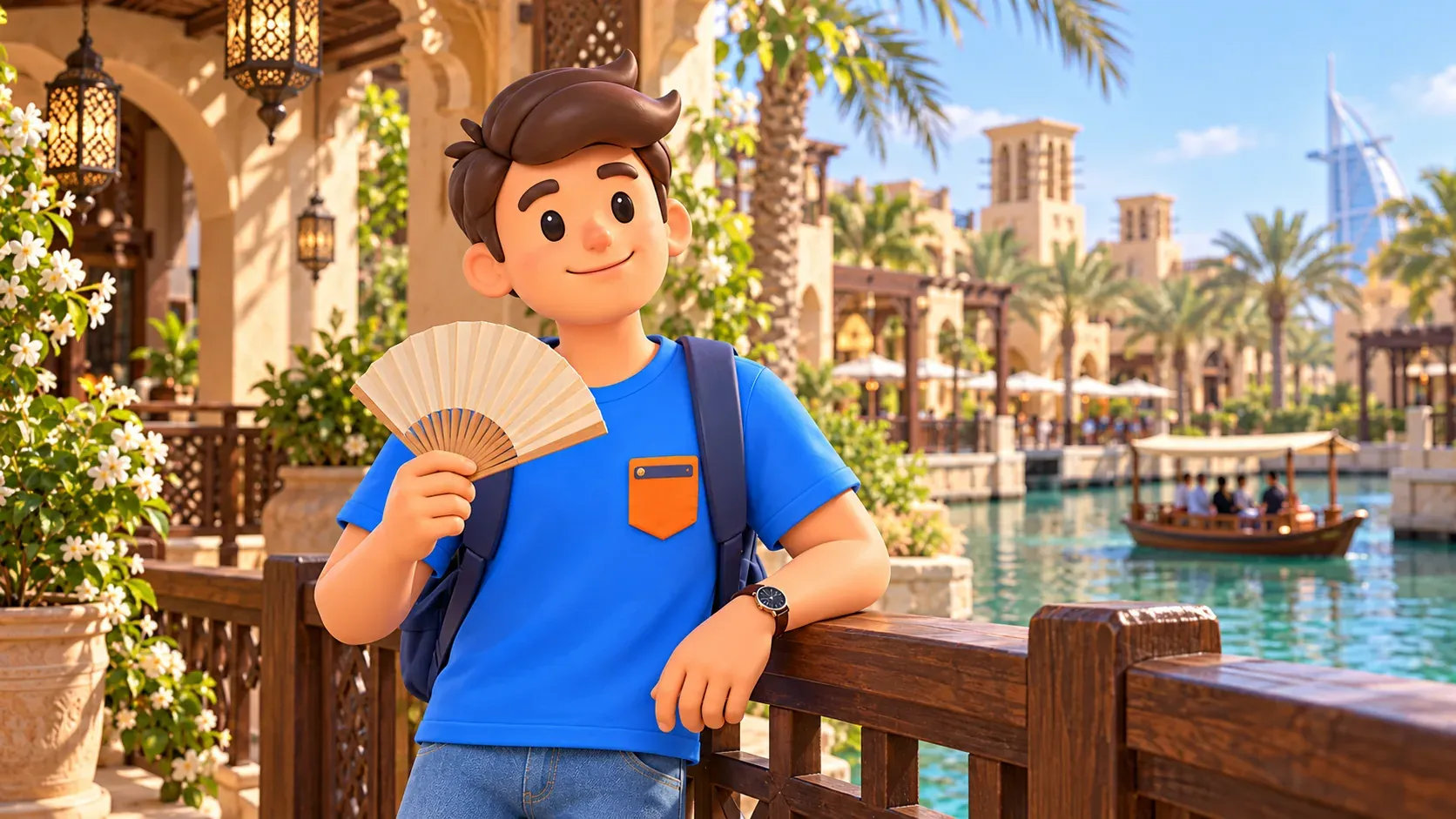 Viajero con un abanico junto a un canal y las arcadas de Madinat Jumeirah