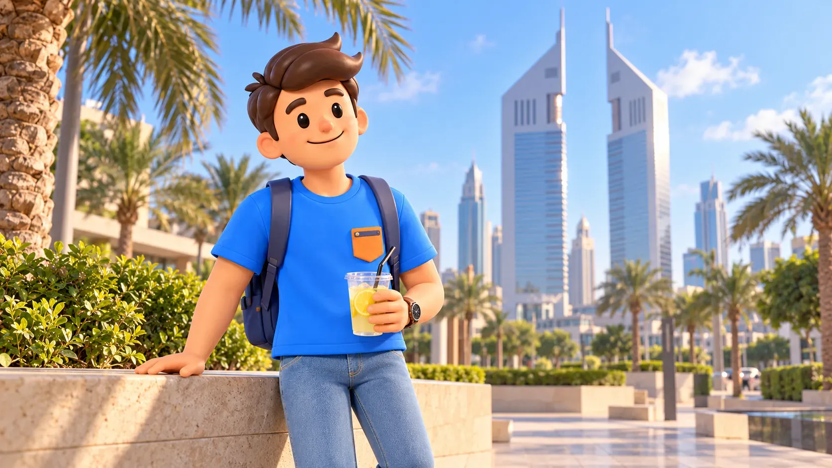 Traveler taking a refreshment pause near the Emirates Towers