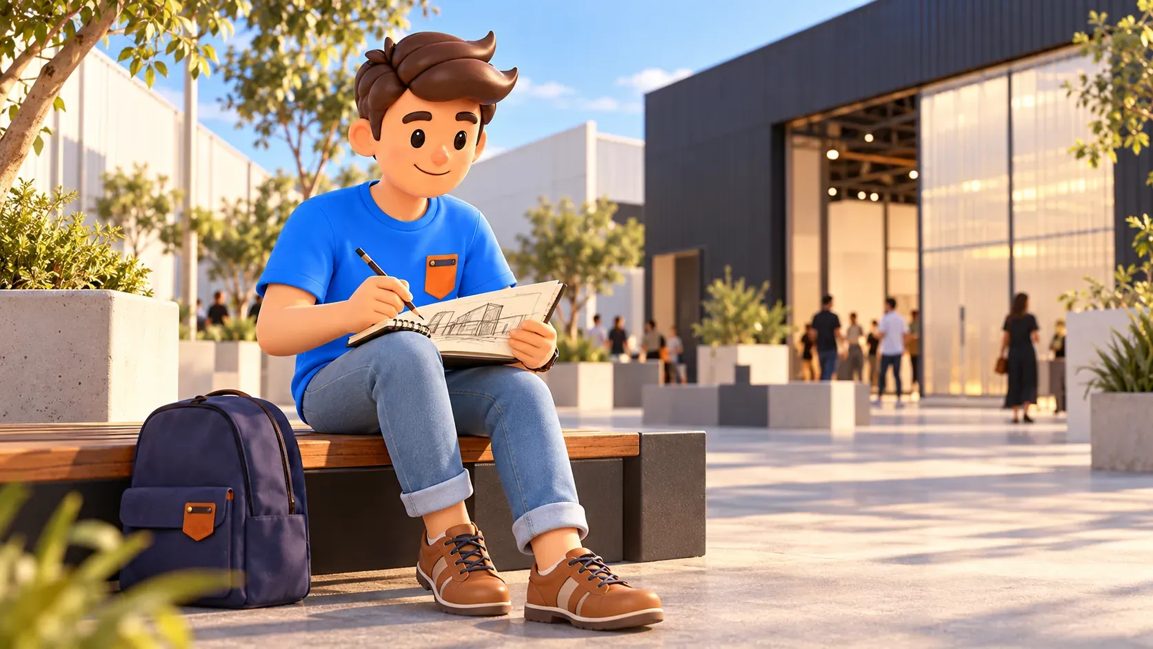 Traveler sketching in an industrial art courtyard at Alserkal Avenue
