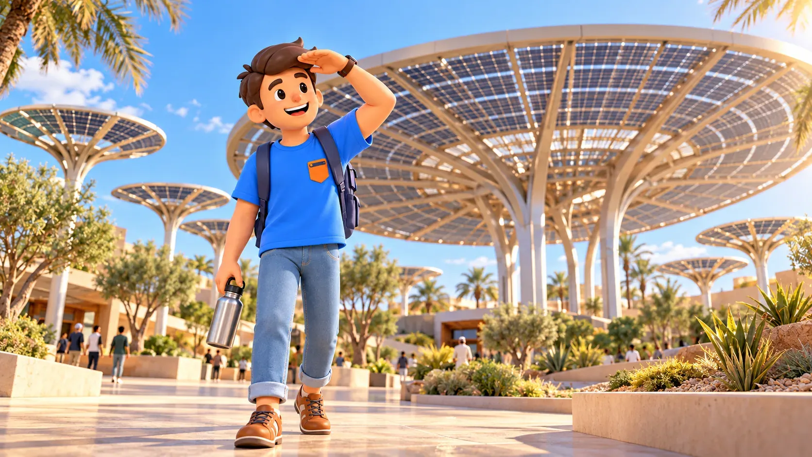 Traveler looking at the solar canopy and energy trees of the Terra pavilion