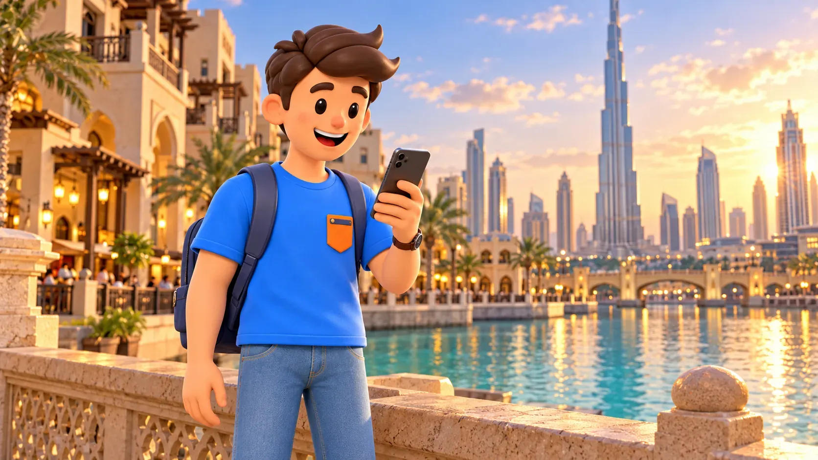 Reisender mit Smartphone bei einem kurzen Spaziergang am See und Burj Khalifa