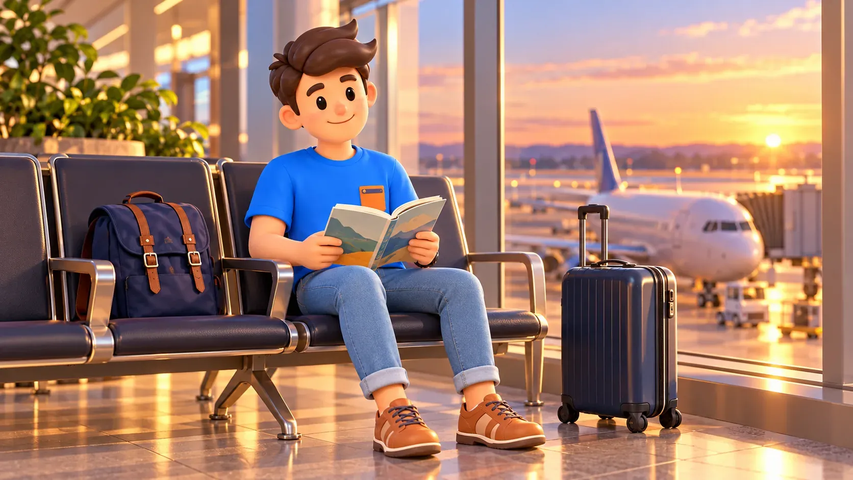 Reisender liest nach einem kurzen Stadtausflug entspannt am Flughafen