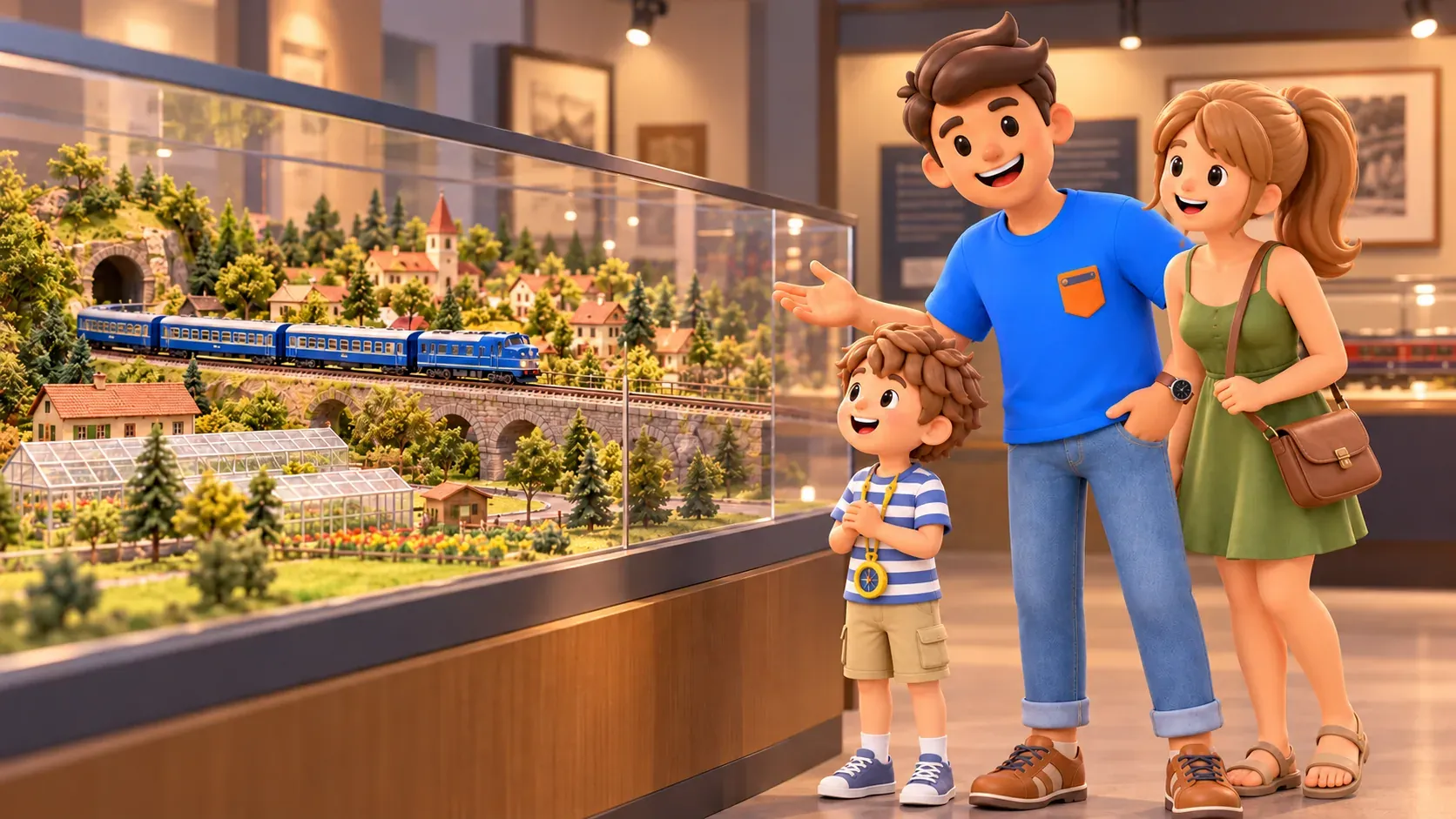 Thematic illustration: parents and son observing an imagined model railway