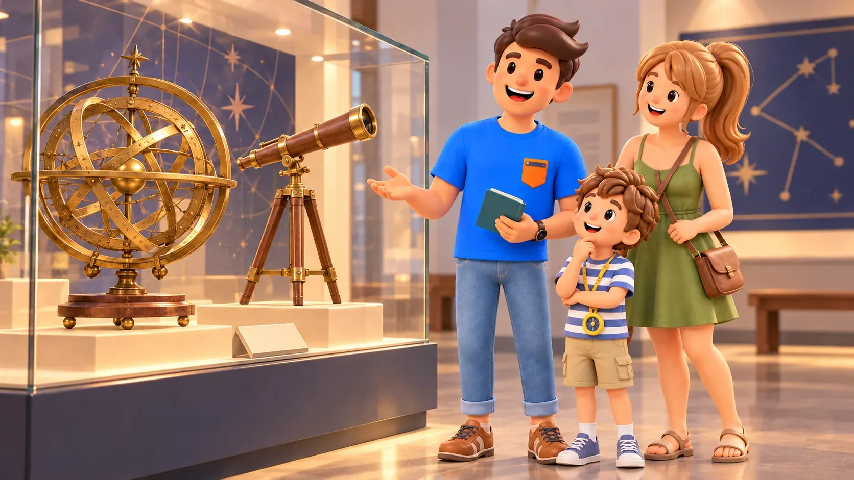 Thematic illustration: parents and son observing imagined historic instruments