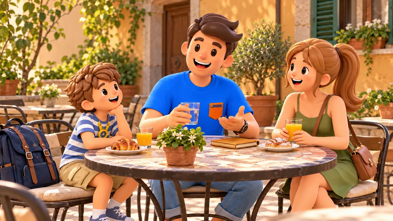 Family break with drinks and a snack