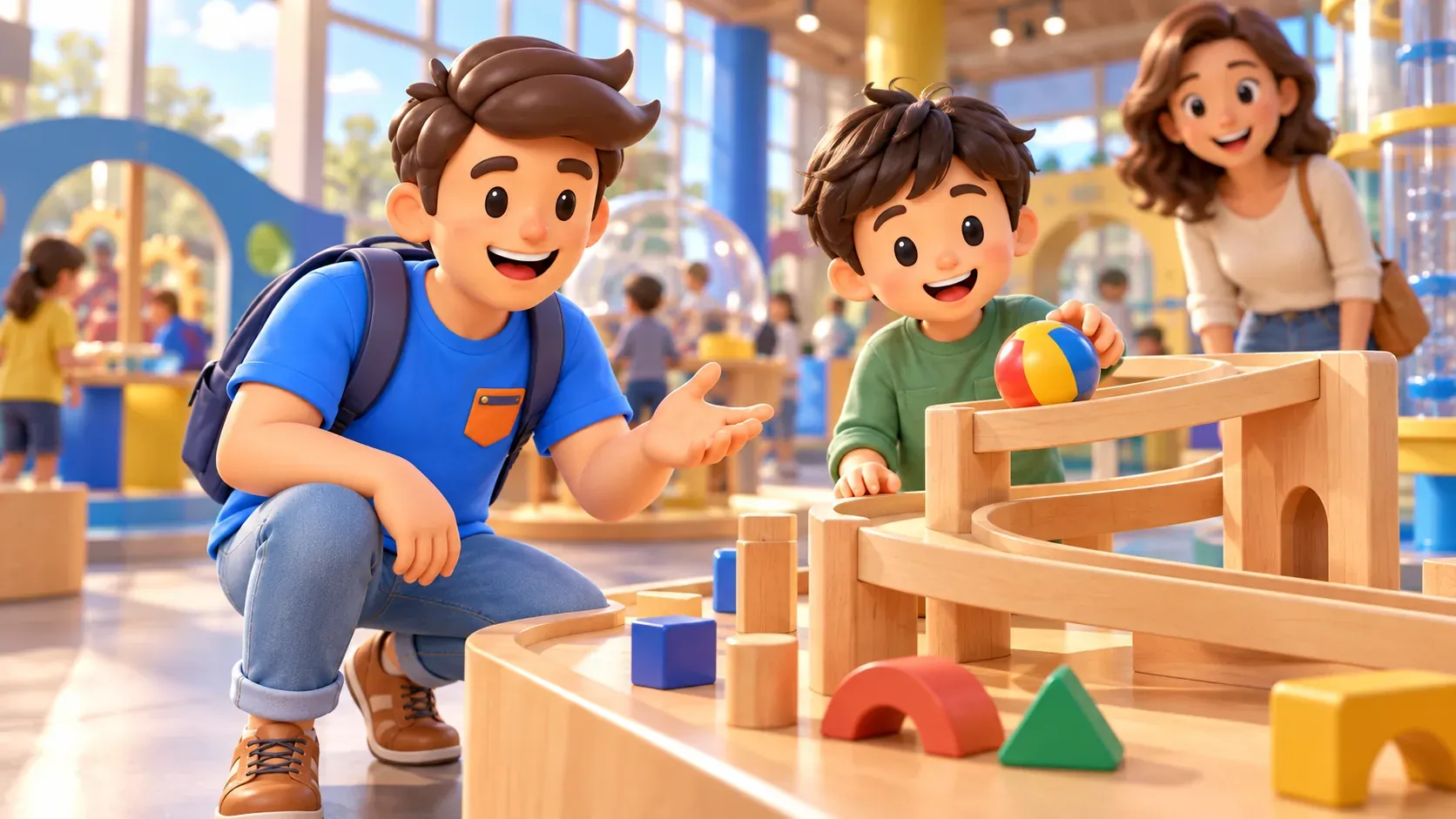 Viajero y niño observando una bola en una rampa de juego