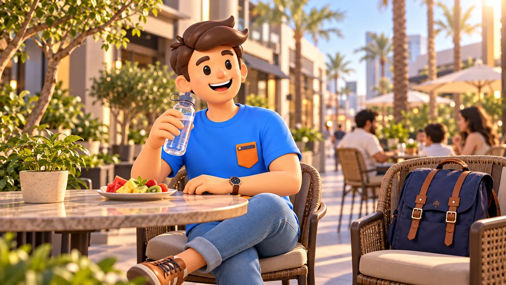 Viajero descansando con agua y fruta durante un paseo por City Walk
