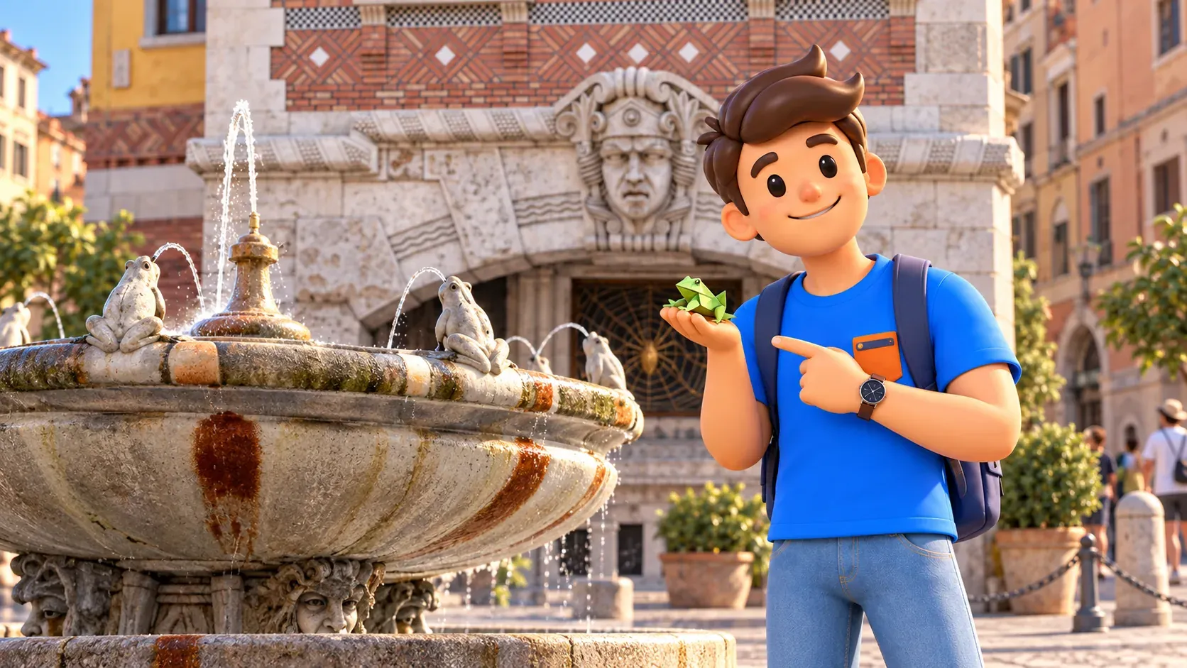 A traveller holds a paper frog beside the Fountain of the Frogs