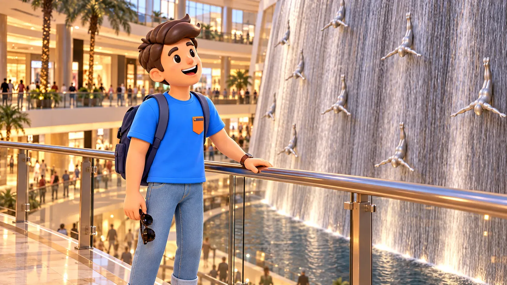 Путешественник у водопада со скульптурами ныряльщиков в Dubai Mall