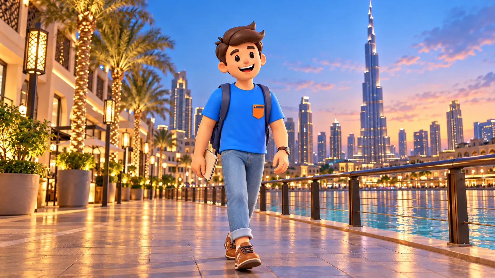 Путешественник во время короткой вечерней прогулки в Downtown Dubai