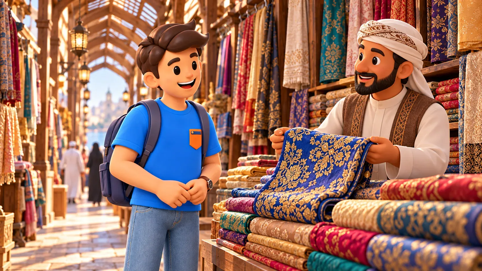 Voyageur regardant un tissu présenté par un vendeur au souk des textiles