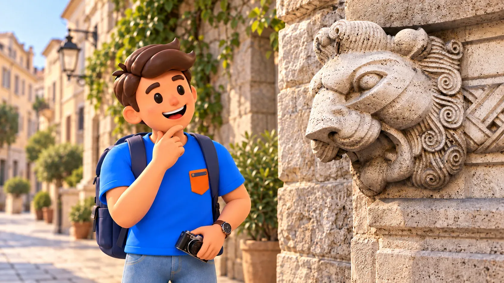 A traveller observes a carved lion head with a spiral mane in Coppedè