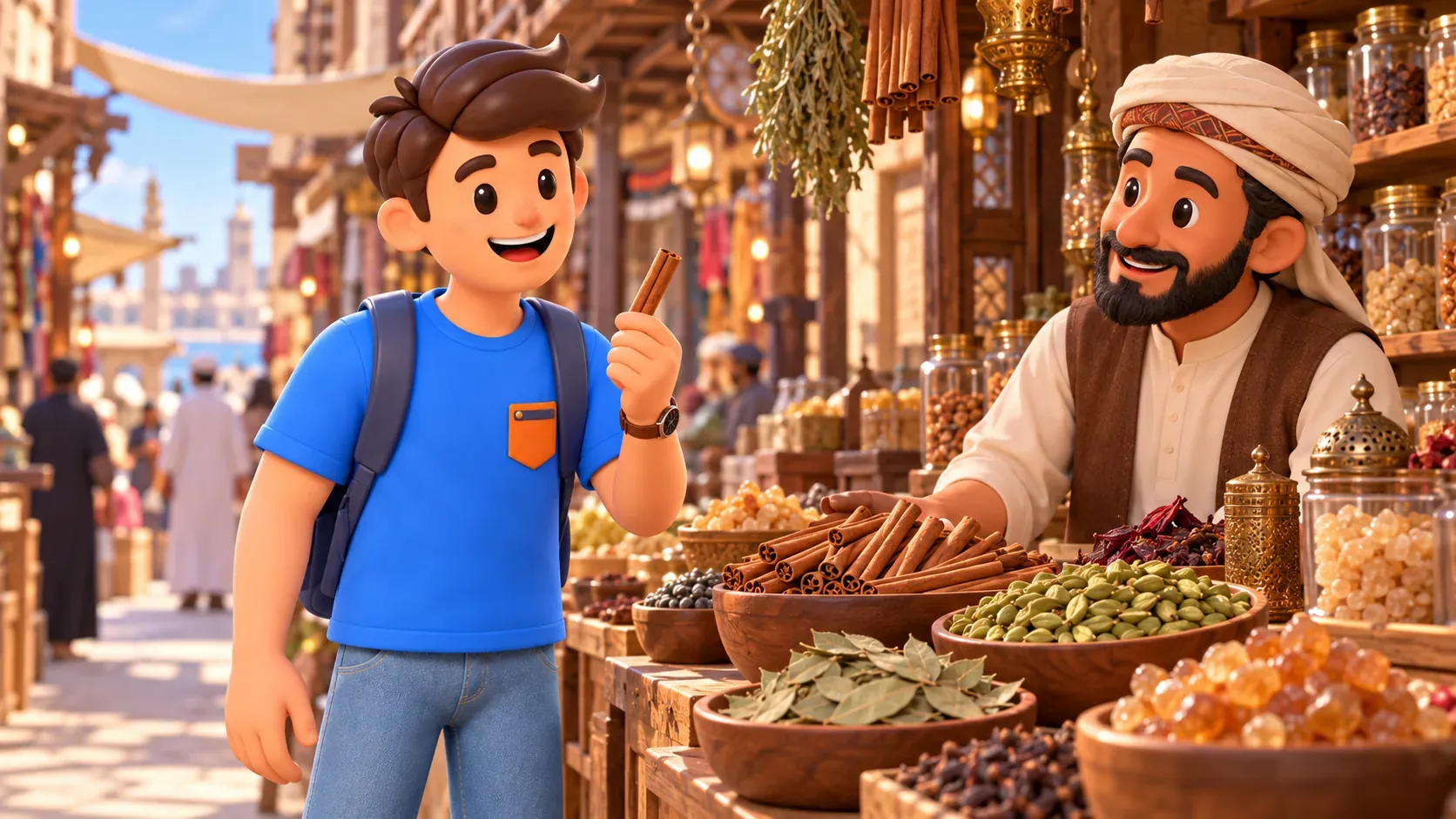 Voyageur observant un bâton de cannelle à un étal du souk aux épices
