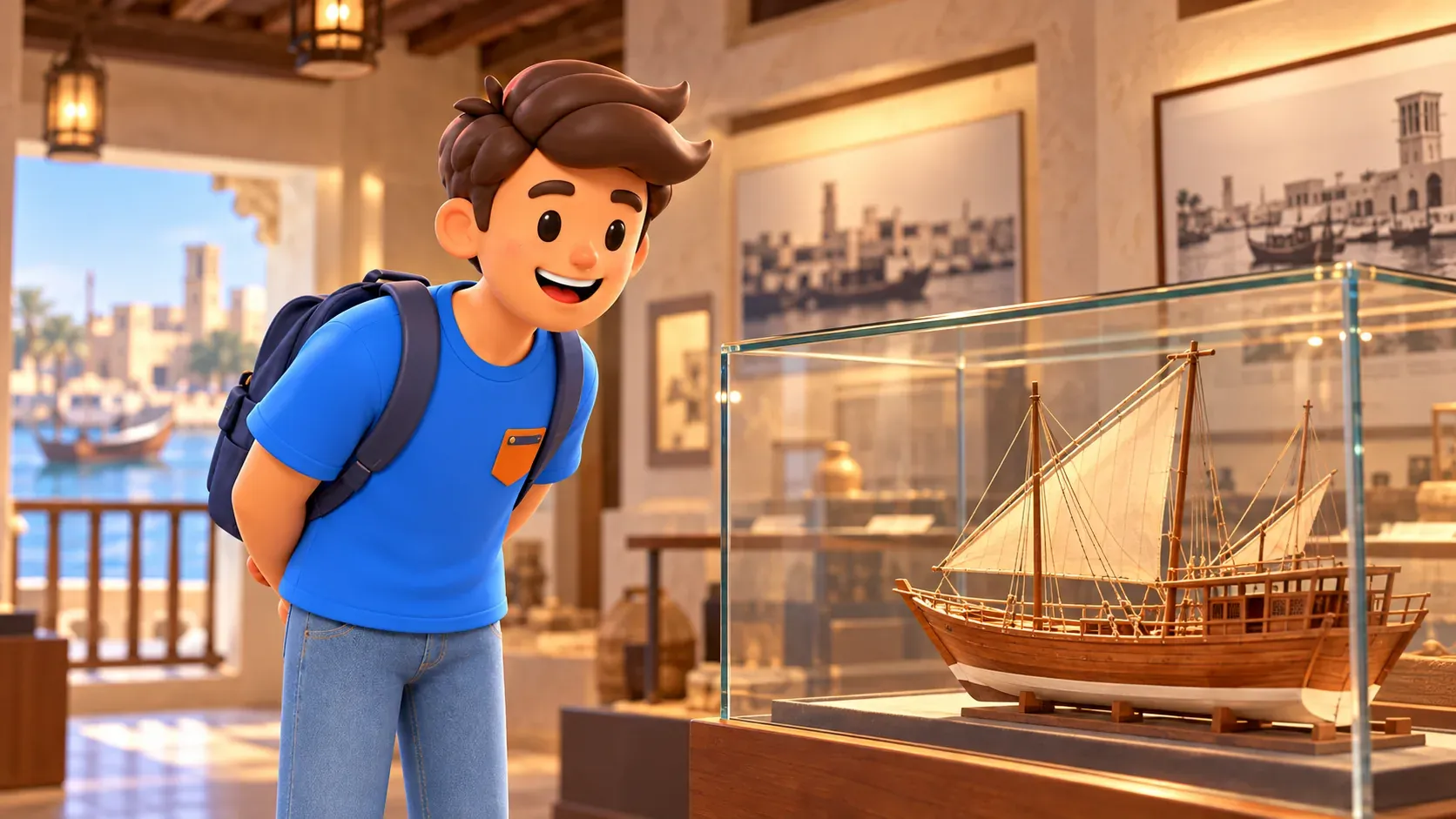 Viajero observando una maqueta de barco en una exposición sobre la ría