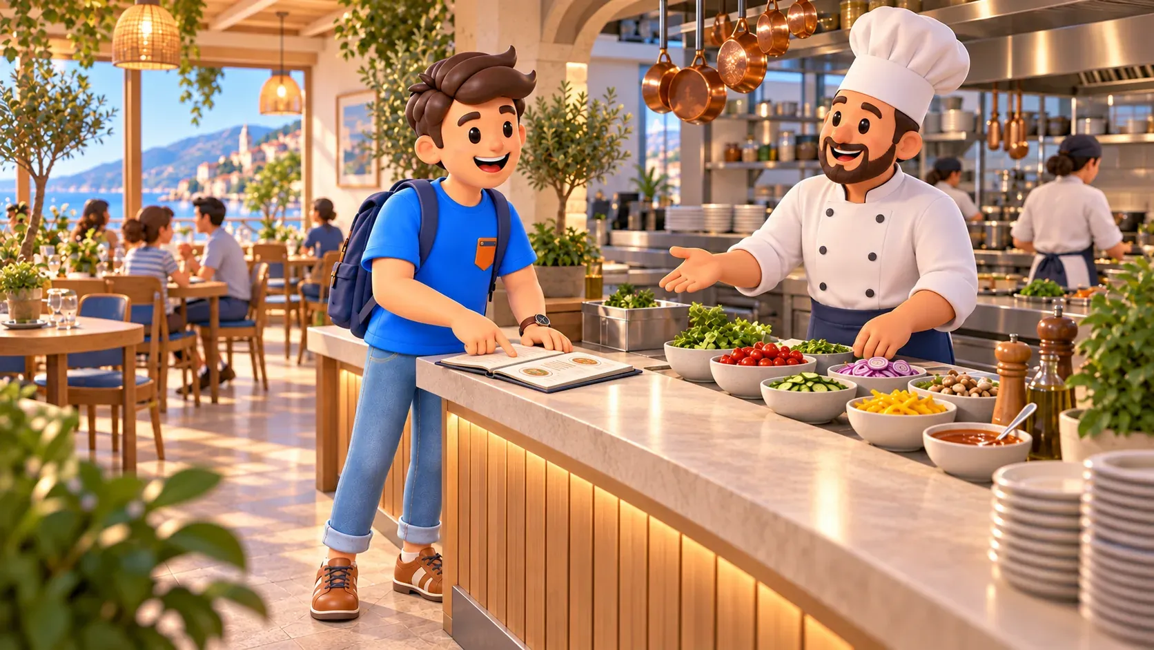 Traveller points to a menu item and asks the chef about ingredients at a kitchen counter