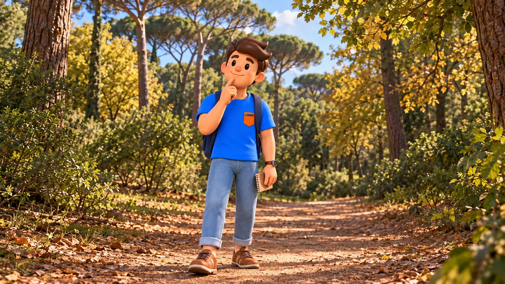 A traveller with a notebook listens on a woodland path in Villa Ada