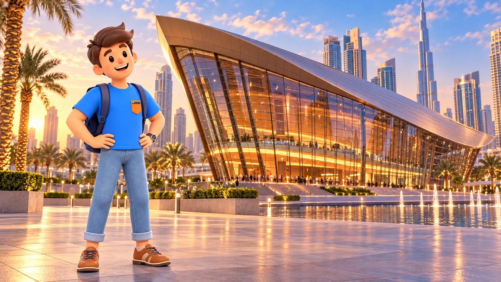 Traveler beside the curved glazed exterior of Dubai Opera
