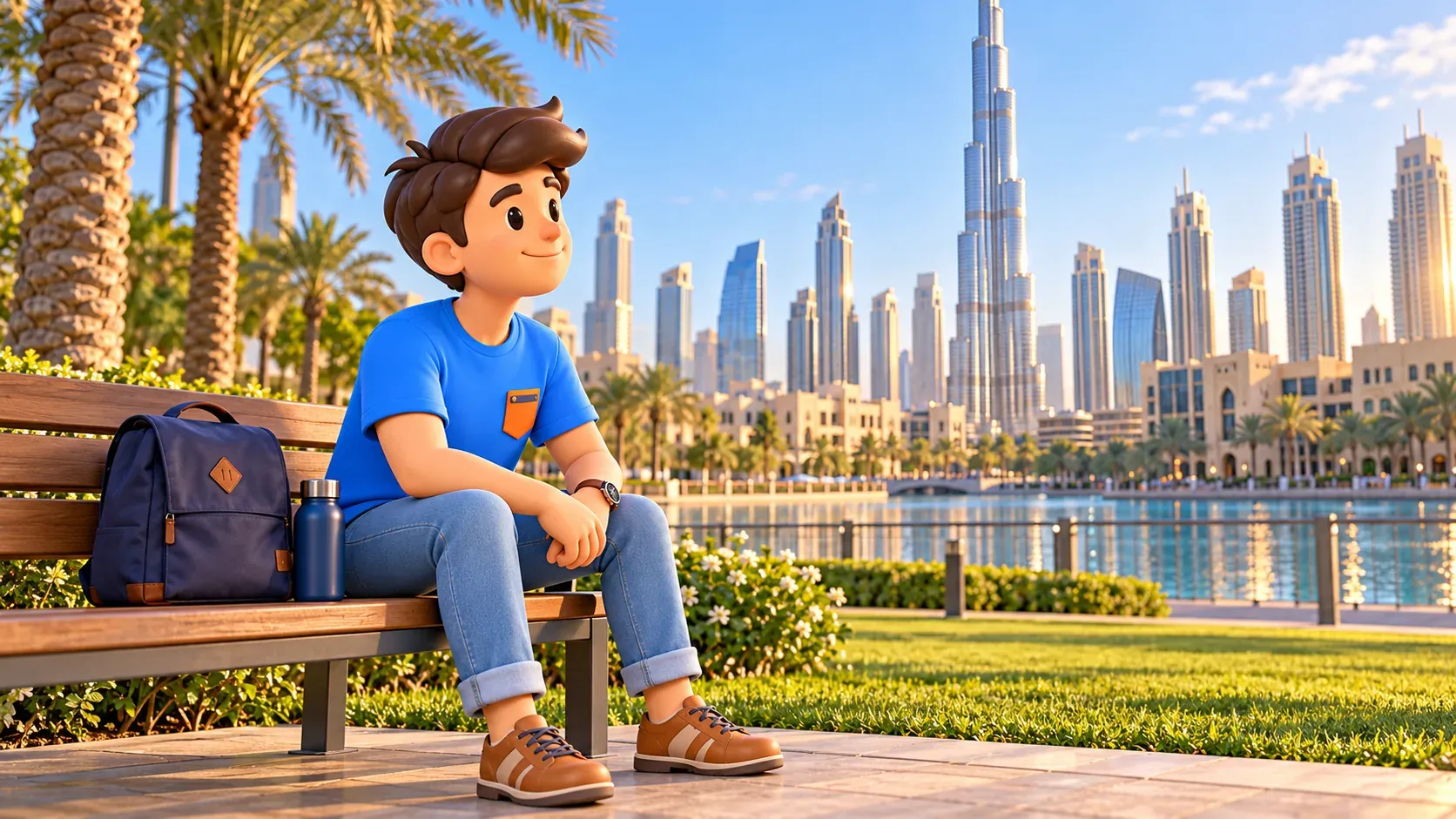 Traveler resting in the green landscape of Burj Park beside the lake