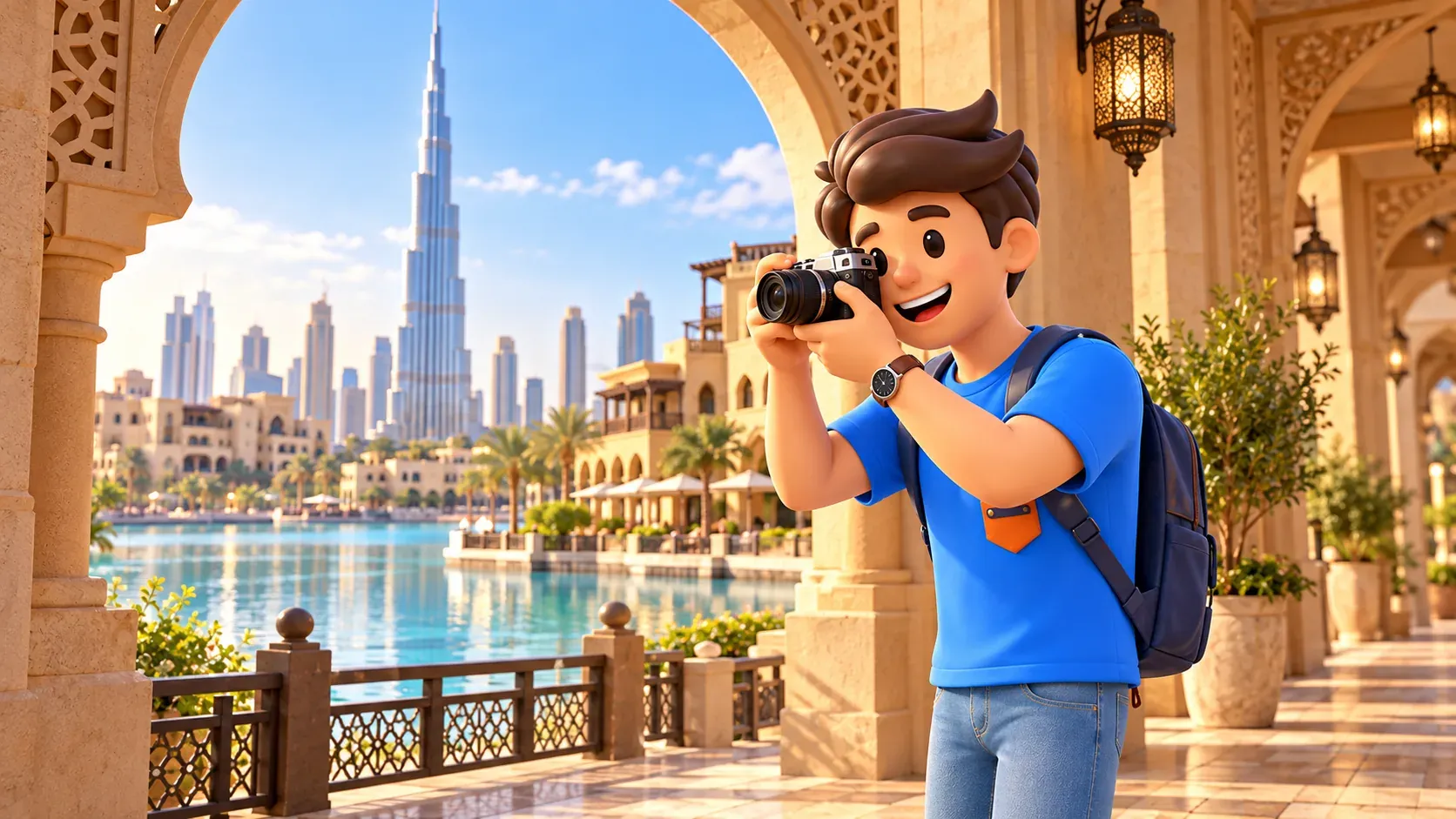 Traveler photographing a lake view from an arched passage at Souk Al Bahar