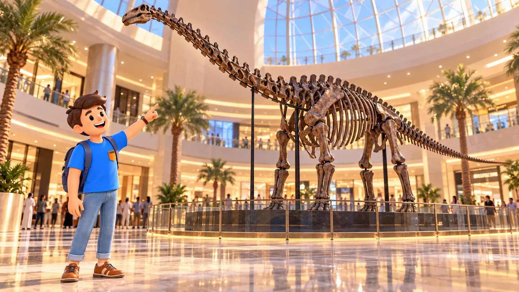 Viajero observando el esqueleto fósil de cuello largo Dubai Dino