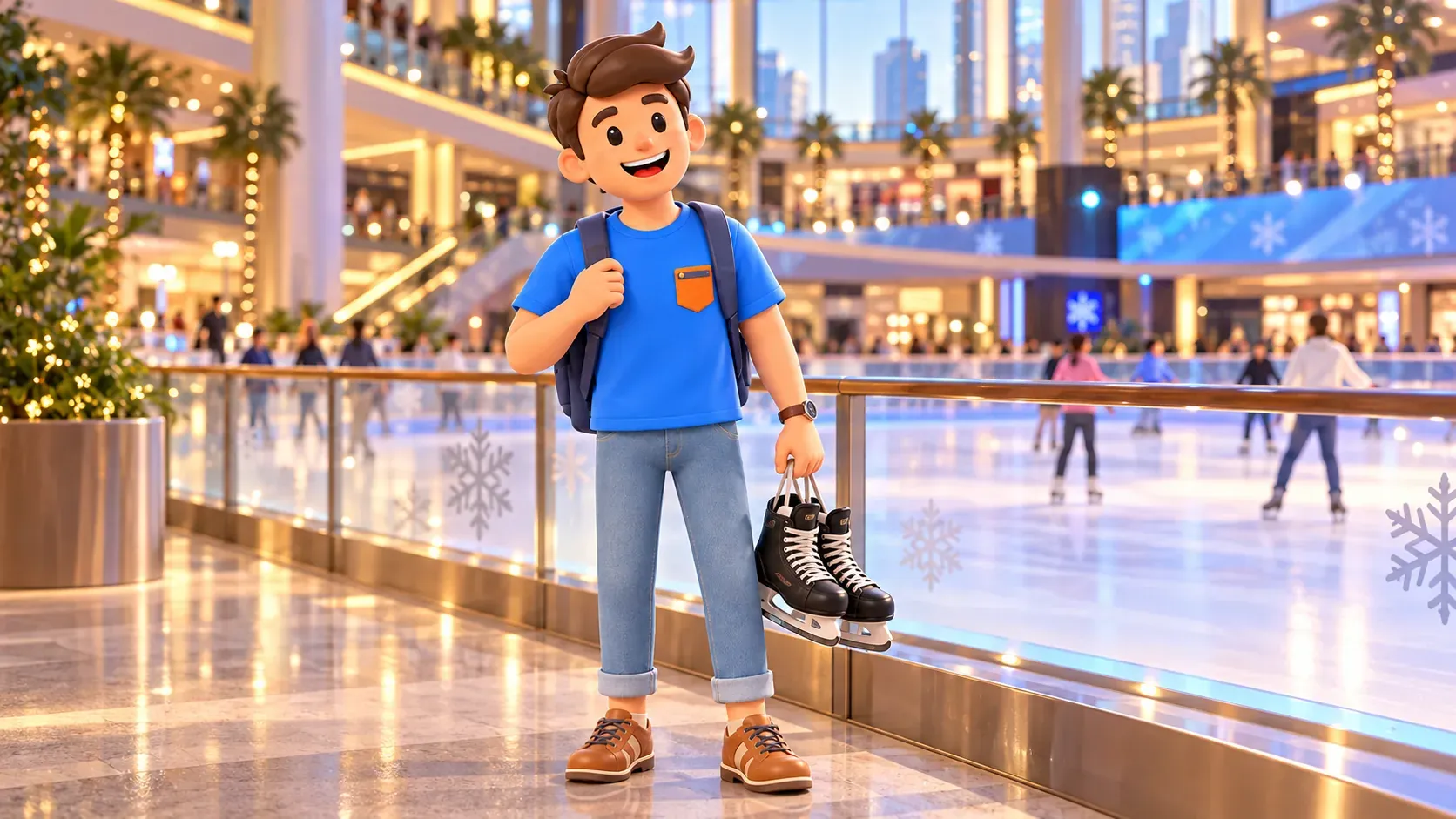 Viajero con un par de patines junto a una pista de hielo cubierta