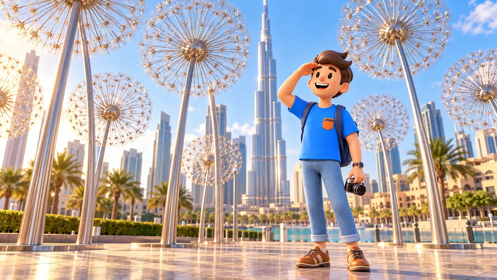 Viajero observando los Dandelions metálicos calados junto a Burj Park