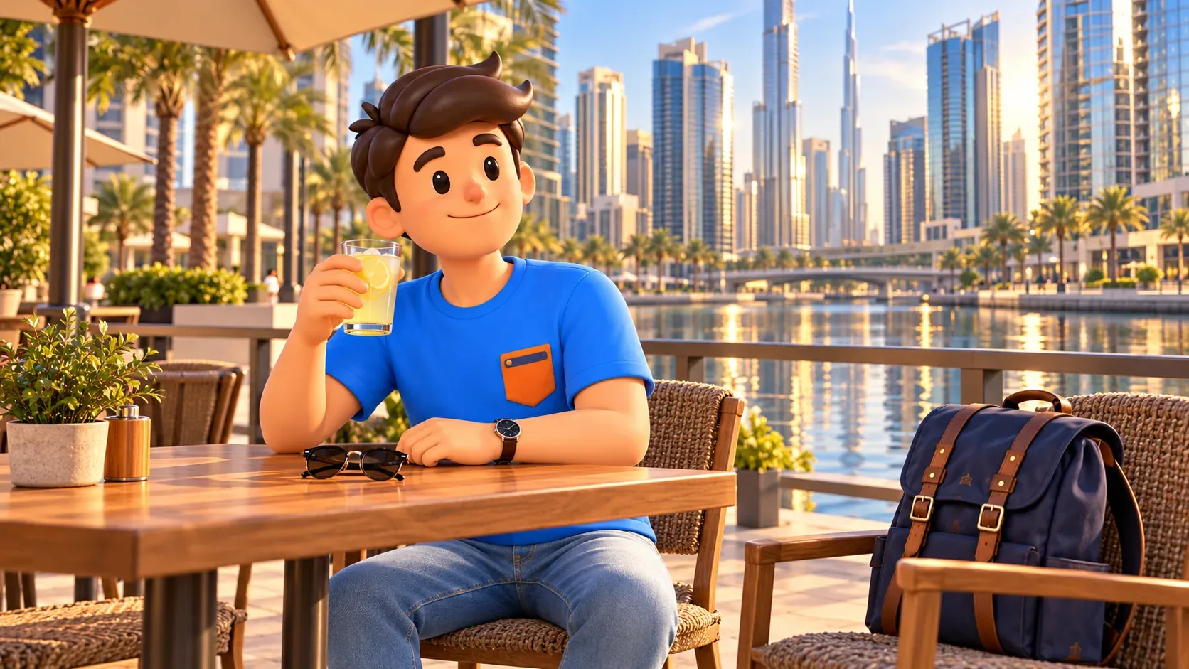 Reisender macht am Wasser in Business Bay vor modernen Türmen eine Pause