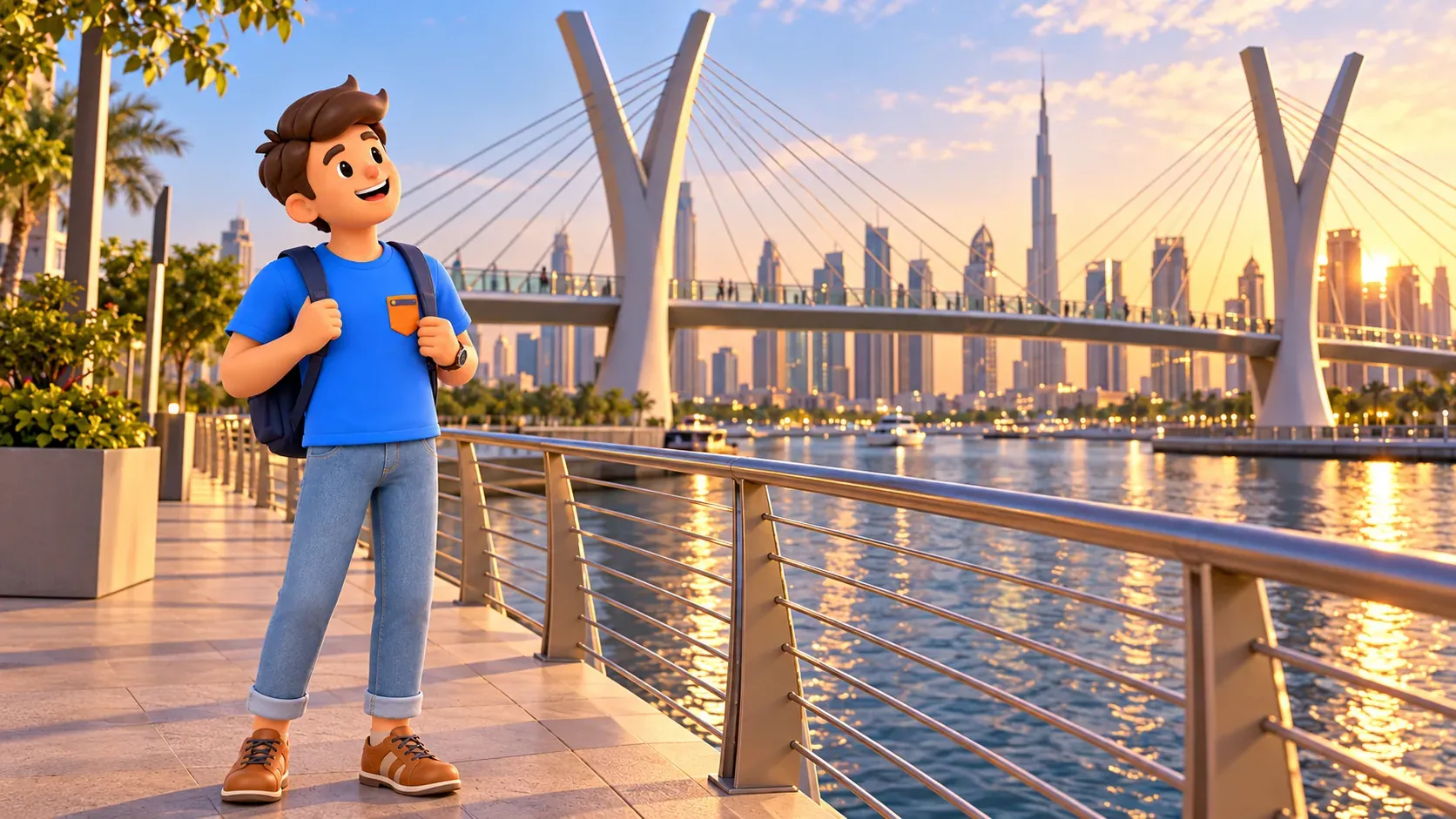Traveler observing cable lines of Dubai Water Canal Footbridge 1