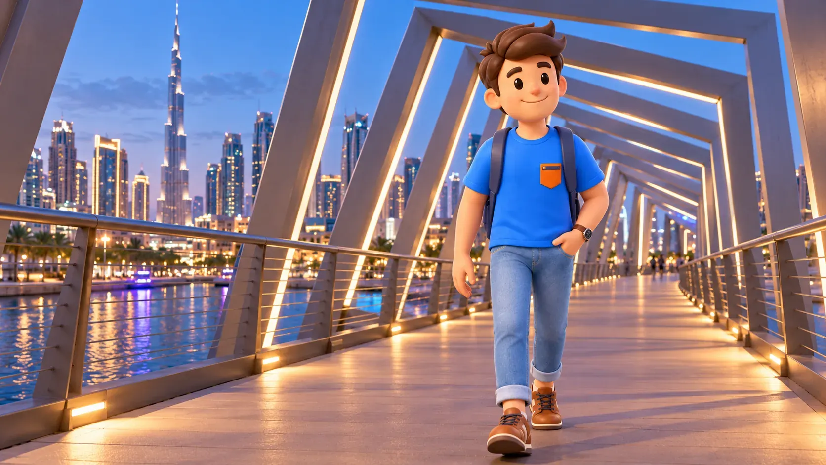 Traveler walking through the rotating rectangular frames of the Twisted Bridge