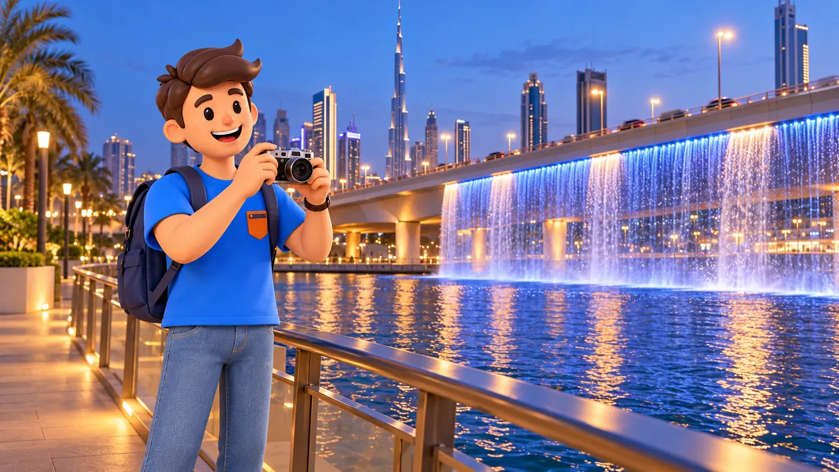 Traveler looking at the water curtain under the Sheikh Zayed Road bridge