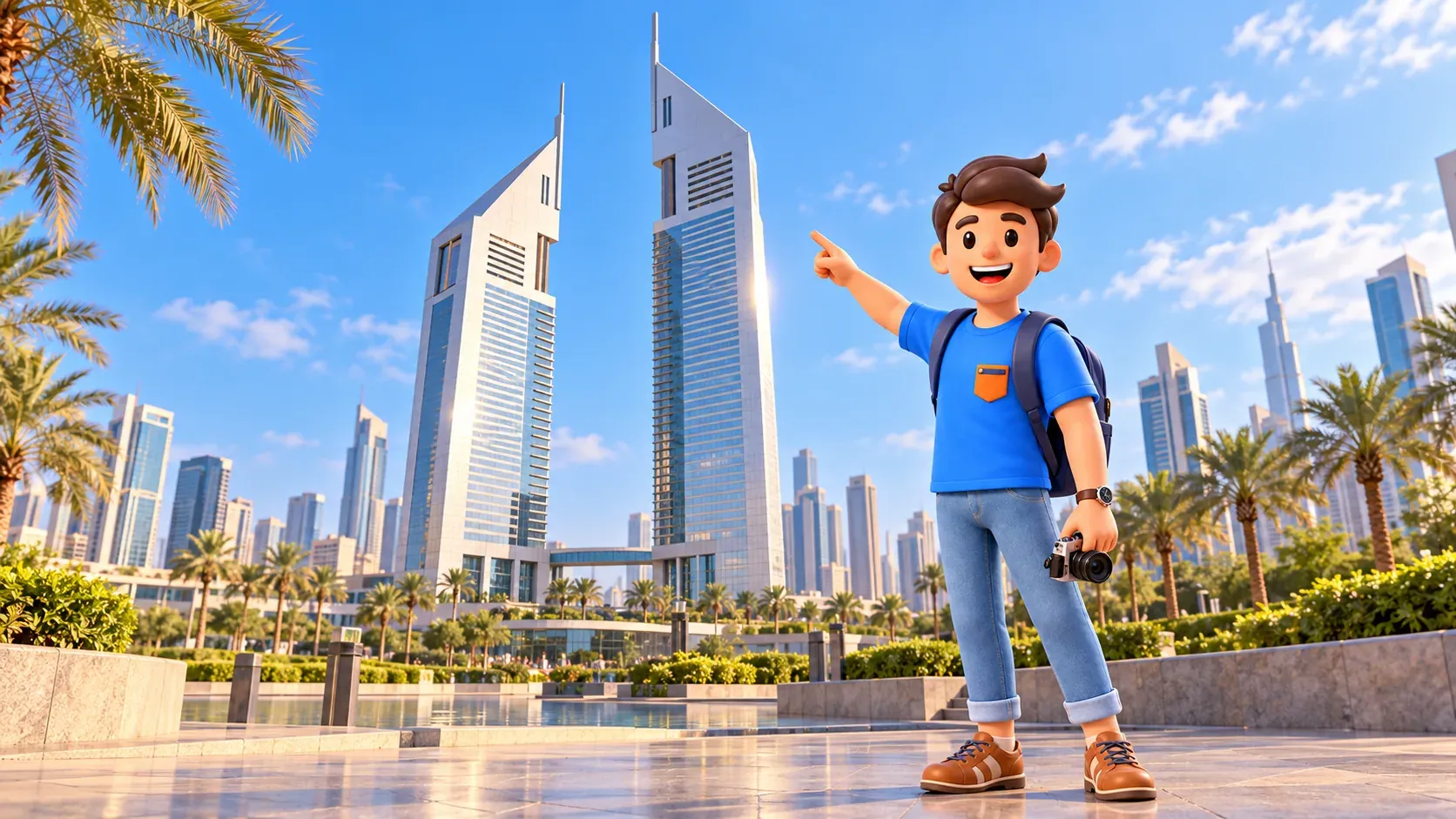 Reisender blickt auf die unterschiedlich hohen Emirates Towers