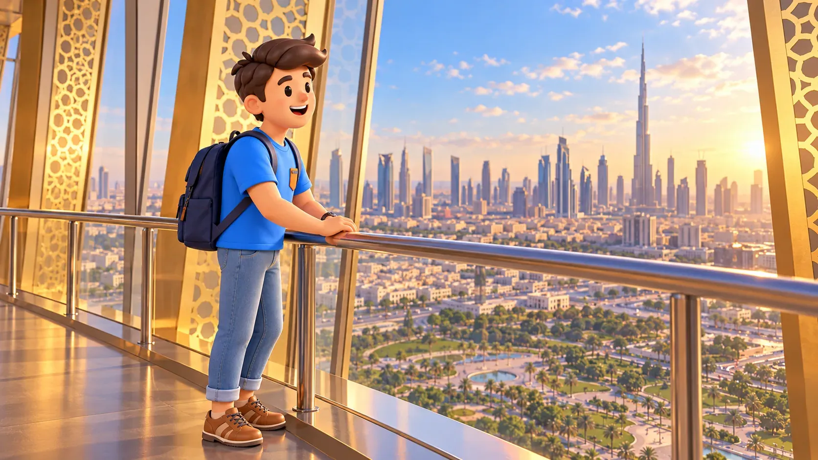 Viajero contemplando la ciudad desde una galería panorámica acristalada