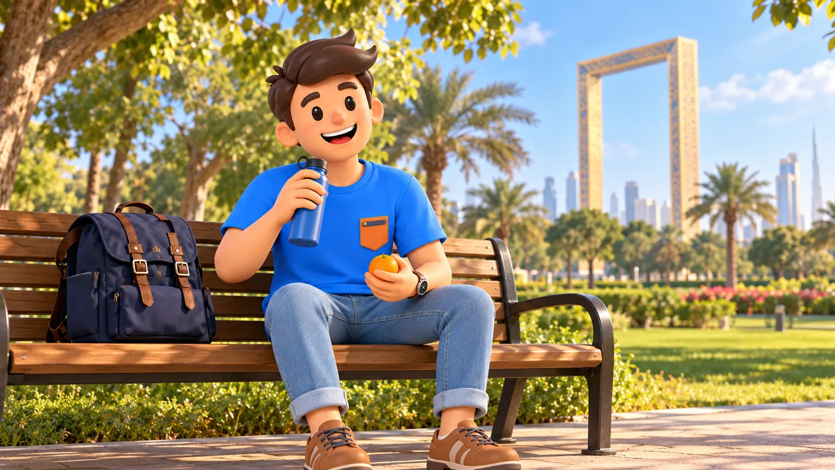 Viajero descansando en un banco a la sombra en Zabeel Park