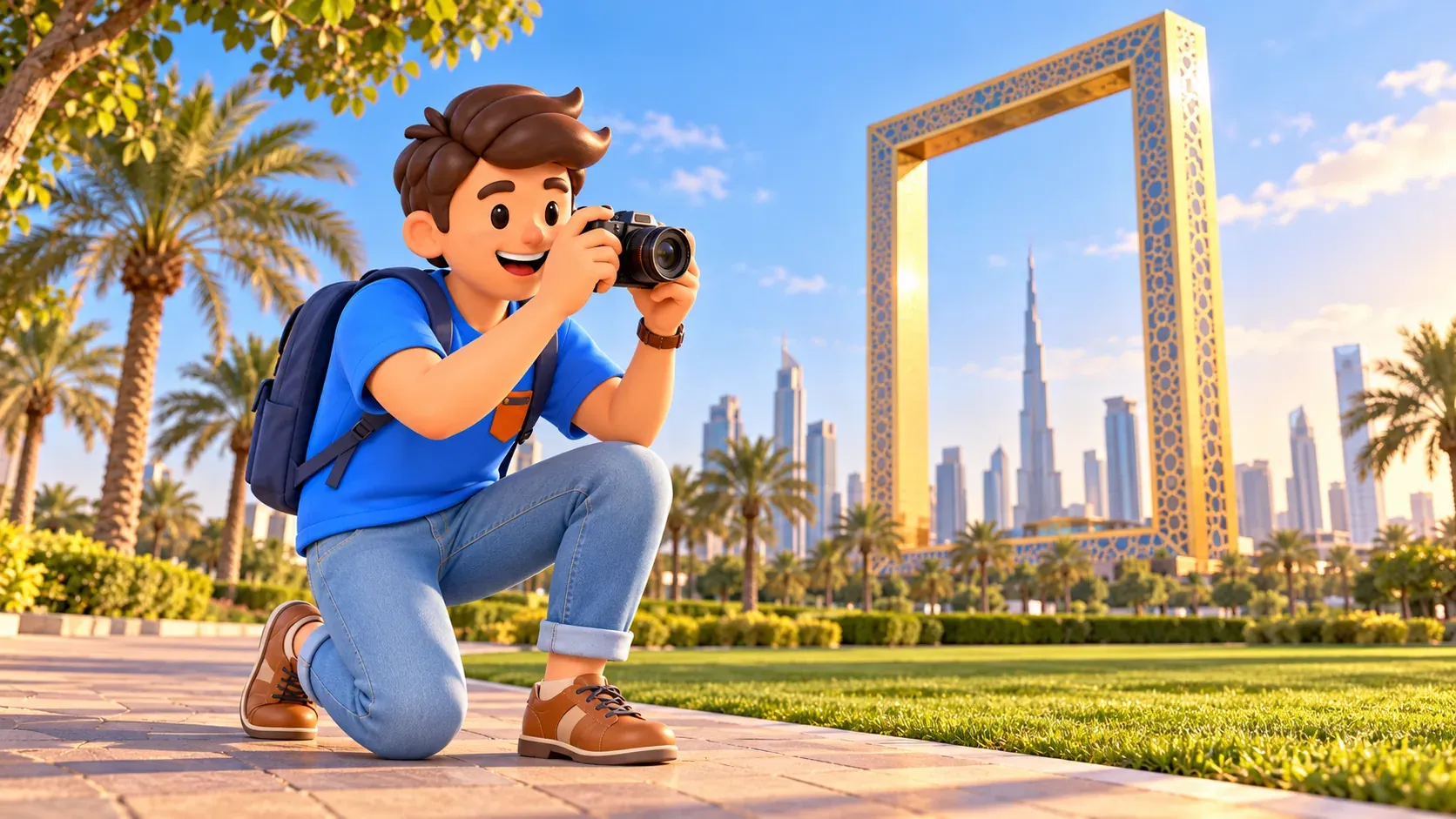 Viajero eligiendo un ángulo bajo para fotografiar Dubai Frame