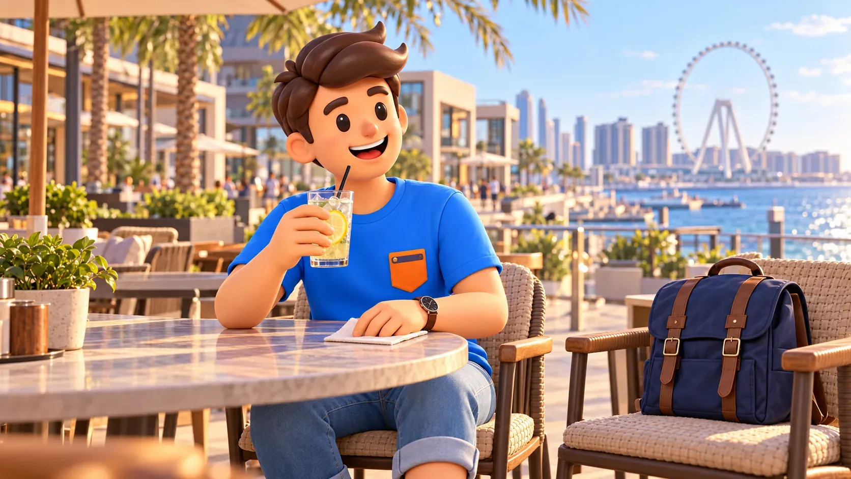 Traveler pausing with a drink in the shade on Bluewaters