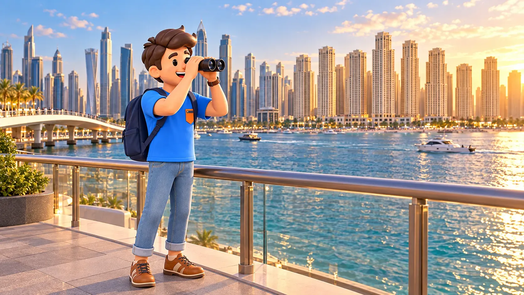 Traveler observing the JBR coastline from the island waterfront