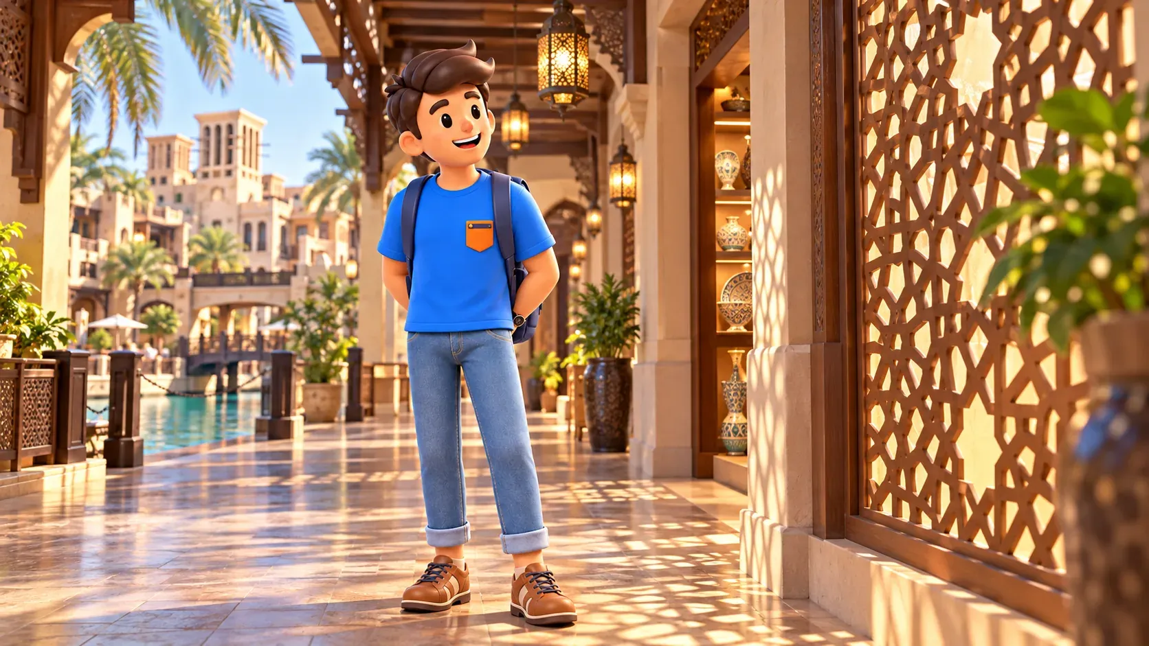 Voyageur observant les détails en bois d’une galerie couverte du souk