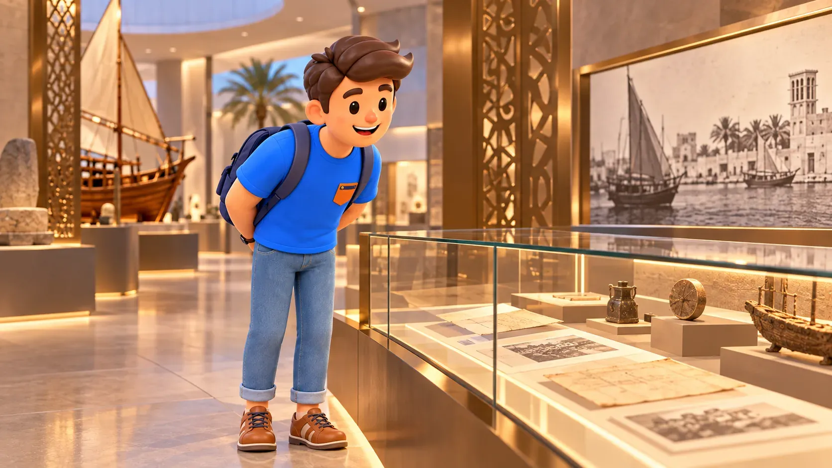 Voyageur observant des documents historiques dans une vitrine de musée