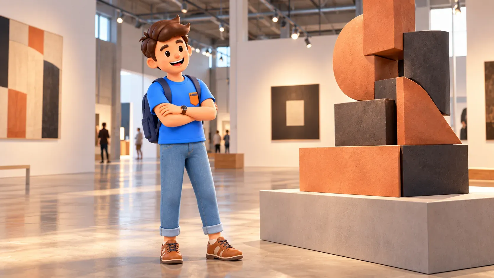 Traveler considering a geometric sculpture in a gallery