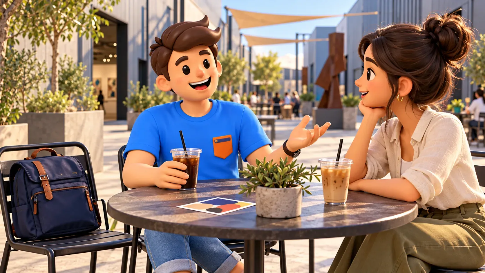Traveler discussing impressions during a courtyard pause
