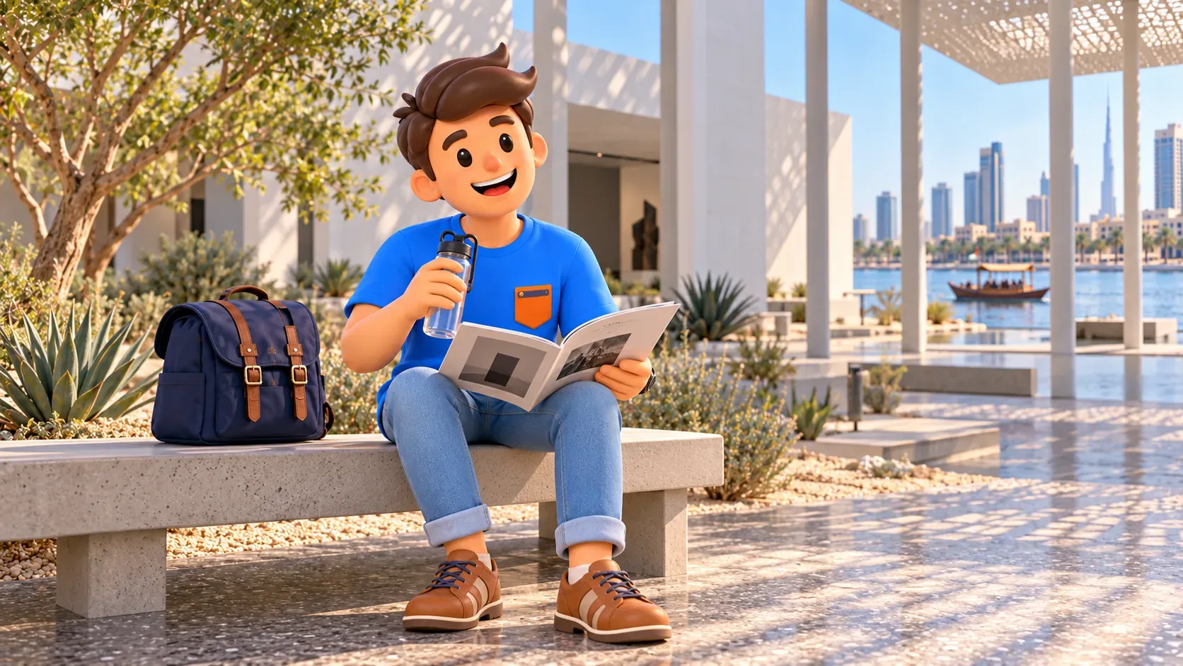 Viajero descansando junto a un jardín interior y una columnata clara
