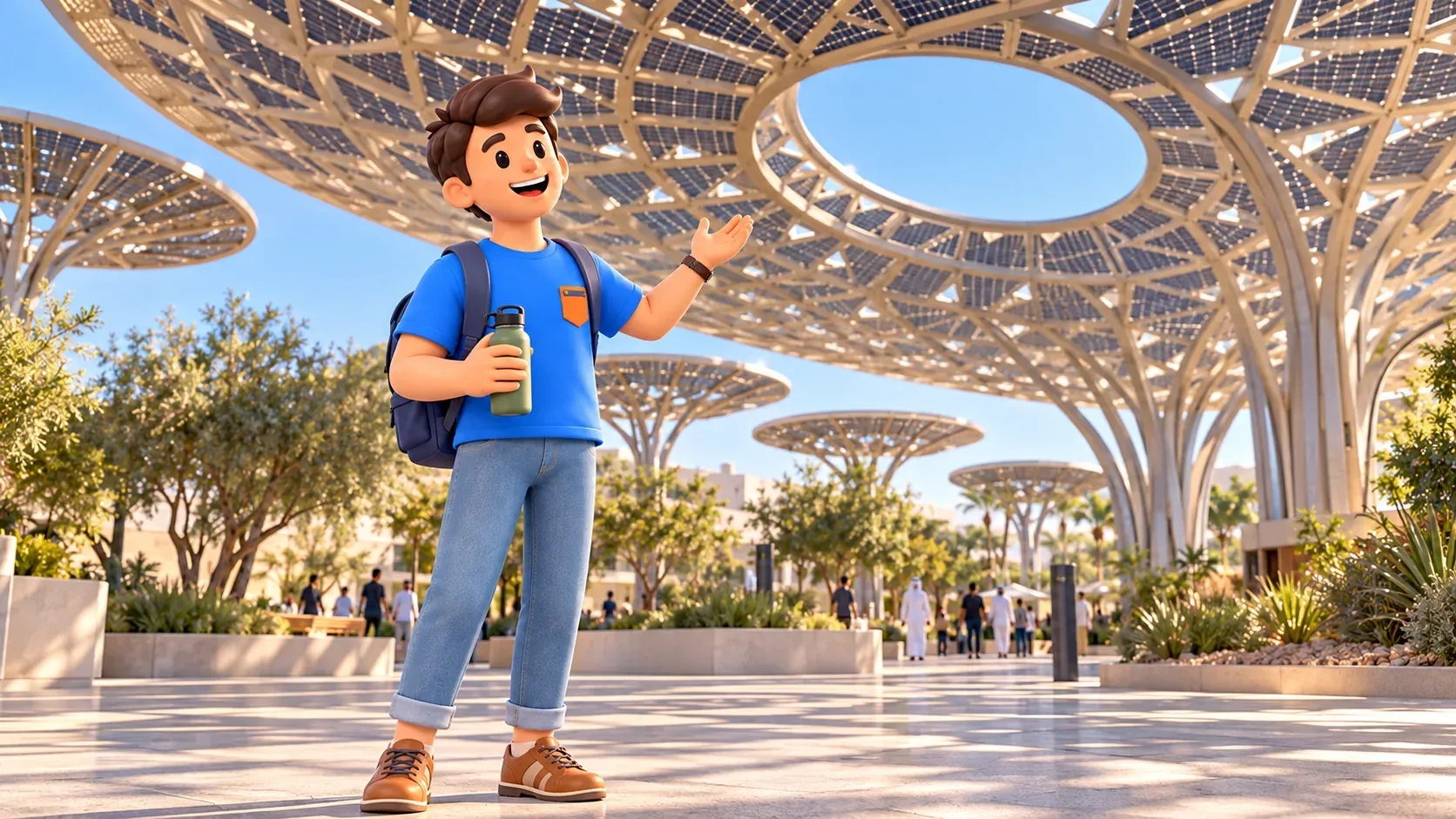 Traveler studying Terra’s solar canopy and energy trees