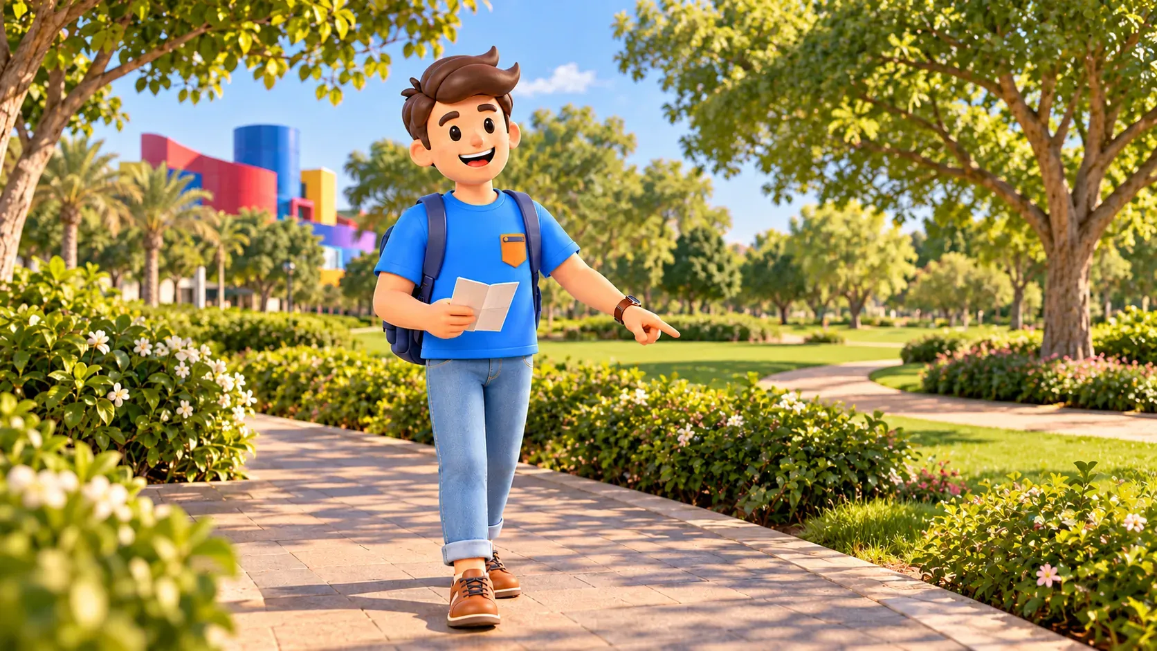 Traveler with a small leaflet on a path near colorful science-center forms