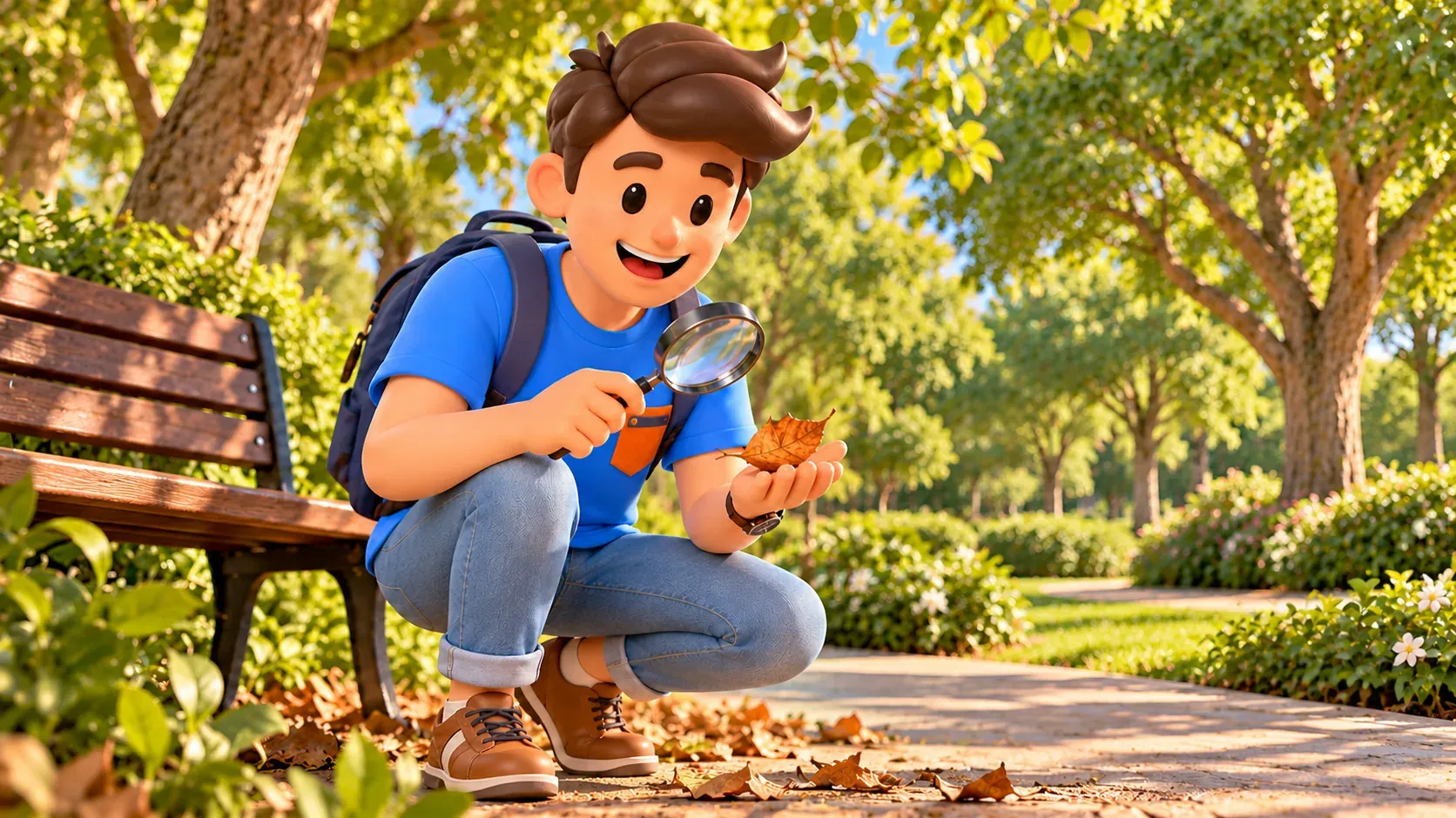Traveler examining a fallen leaf through a magnifying glass in the park