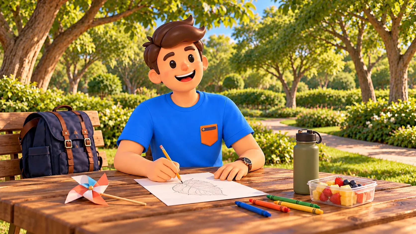 Traveler resting at a park table with a leaf drawing and paper pinwheel