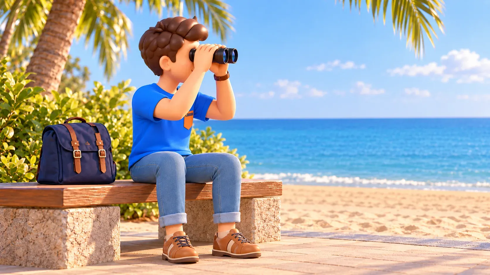 Viajero observando el mar con prismáticos desde la orilla seca