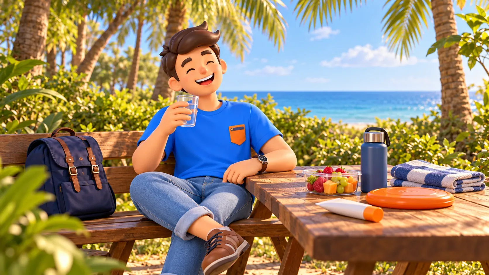 Viajero descansando en una mesa a la sombra con fruta y cosas para la playa